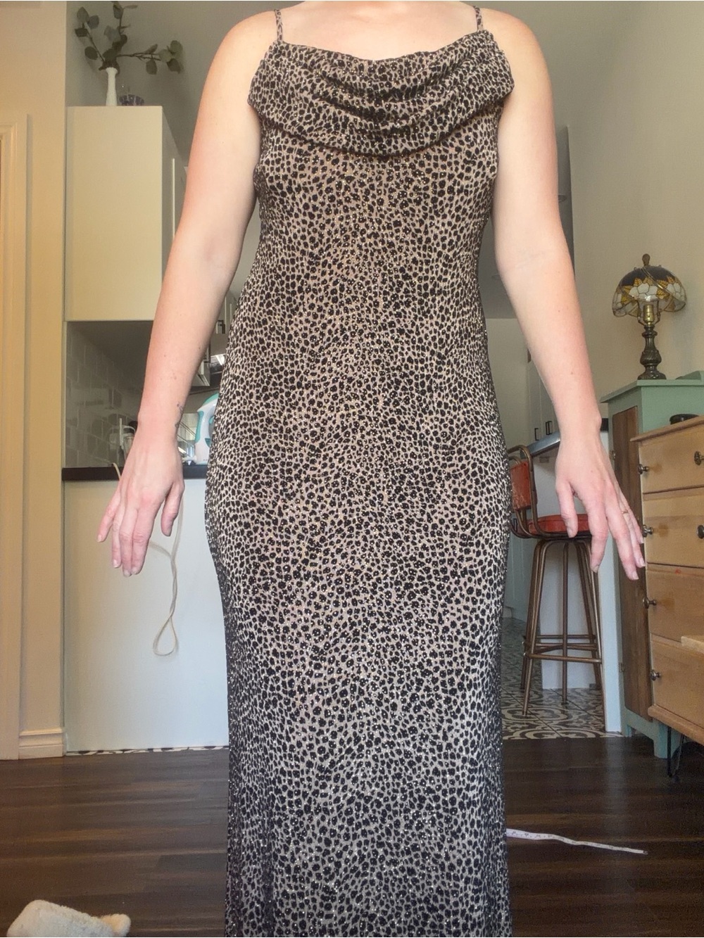 Vintage Onyx Nite Leopard Print Sparkly Cowl Dress